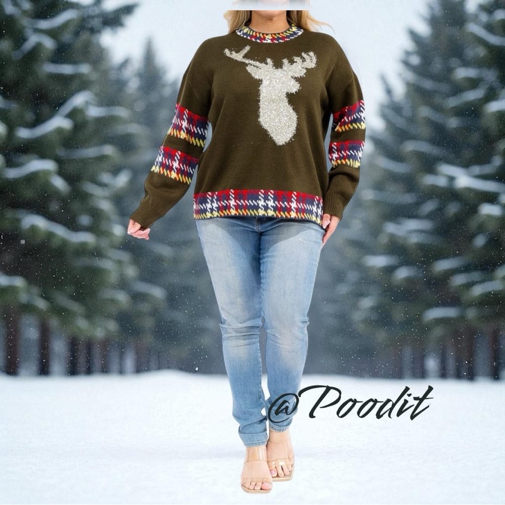 AND THE WHY Tinsel reindeer holiday plus size sweater combo size 1X/2X and 2X/3X